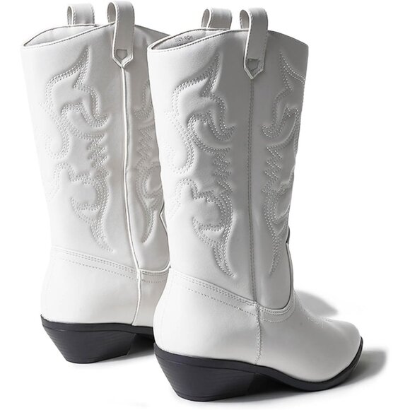 Women Polyurethane White Mid Calf Low Heel Pointed Toe Cowgirl Western Boot - Picture 5 of 9